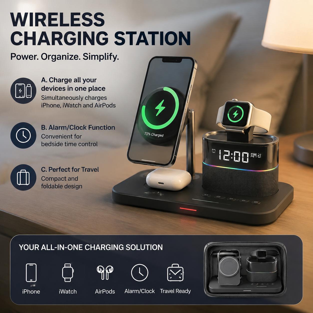 Office Technology - 磁気ワイヤレス充電ステーション（iPhoneシリーズ12、13、14、15、16、17、Watch Ultra 8、7、6、5、イヤホン用充電スタンド）多機種対応充電パッド（デスク、自宅、オフィス、旅行用）スマホ15W、ウェアラブル5Wの急速充電対応、360度回転デスクスタンド