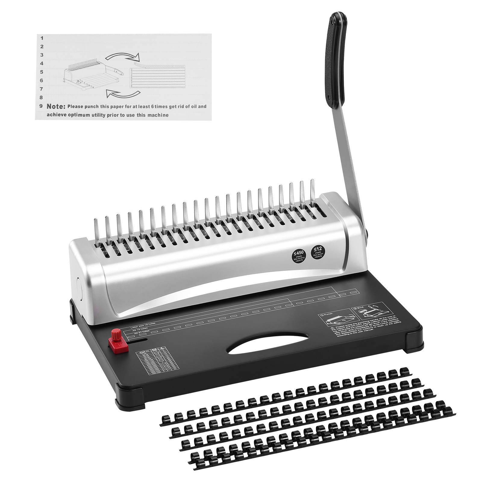 Binding Machine Comb - VEVOR製 結束機、コーム式綴じ機、21穴、450枚綴じ可能、100個の3/8インチ綴じ用芯付き