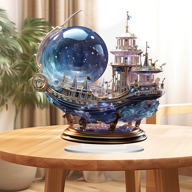 Office Technology - 2Dボヘミアンスタイル8インチアクリルパープルクリスタル船フィギュア、フラットで神秘的な帆船装飾、寝室やオフィスデスク用